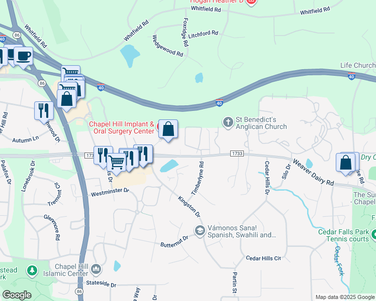 map of restaurants, bars, coffee shops, grocery stores, and more near 119 Kingsbury Drive in Chapel Hill