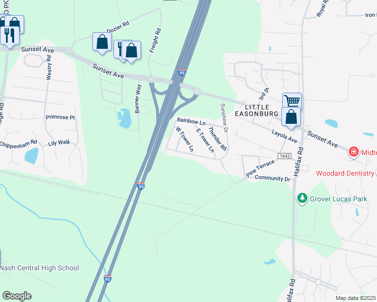 map of restaurants, bars, coffee shops, grocery stores, and more near 525 Sunshine Drive in Rocky Mount