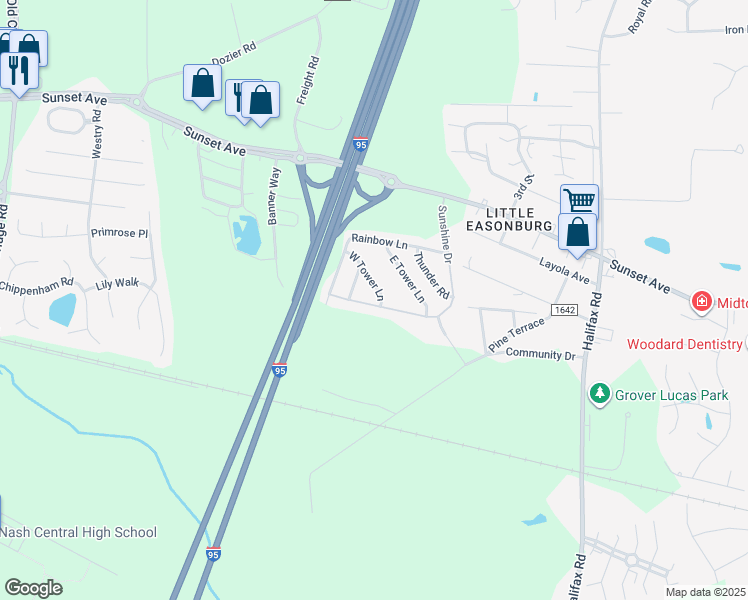 map of restaurants, bars, coffee shops, grocery stores, and more near 525 Sunshine Drive in Rocky Mount
