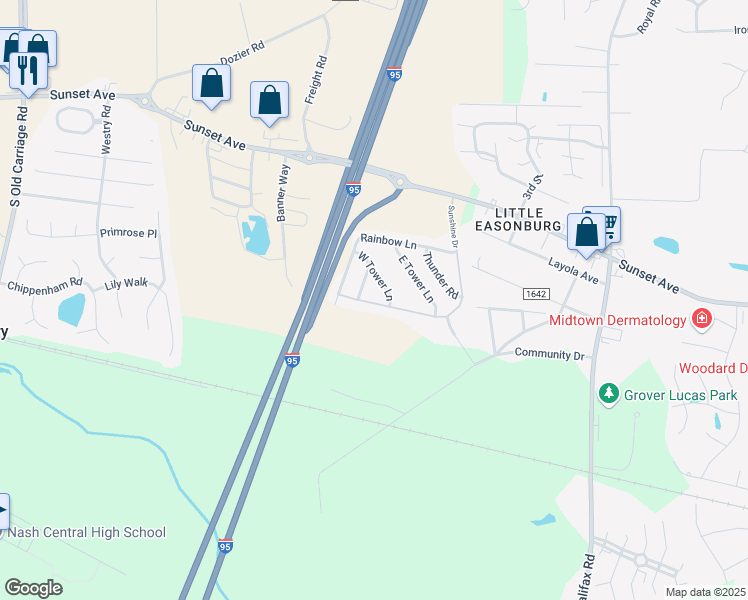 map of restaurants, bars, coffee shops, grocery stores, and more near 525 Sunshine Drive in Rocky Mount