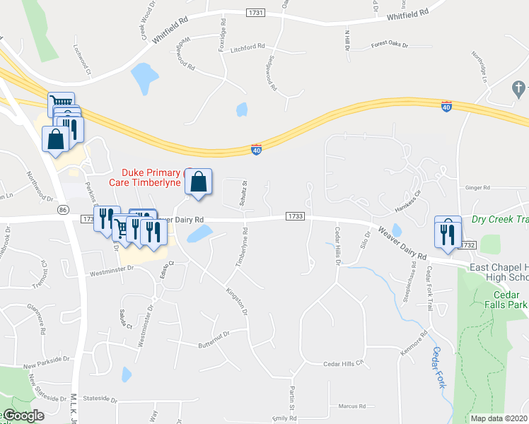 map of restaurants, bars, coffee shops, grocery stores, and more near 1 Timberlyne Road in Chapel Hill