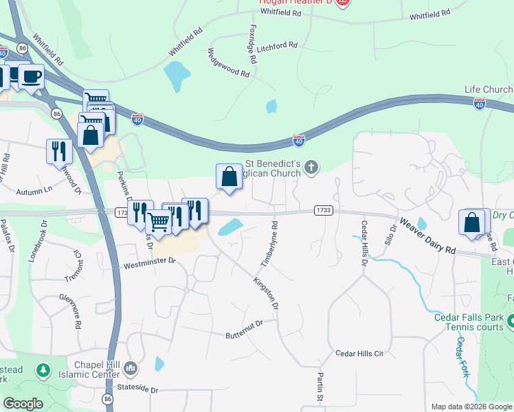 map of restaurants, bars, coffee shops, grocery stores, and more near 119 Kingsbury Drive in Chapel Hill
