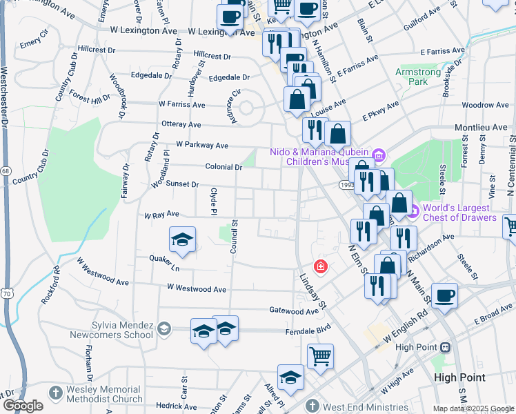 map of restaurants, bars, coffee shops, grocery stores, and more near 406 West Ray Avenue in High Point