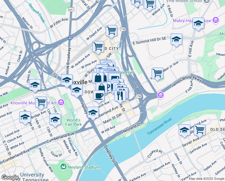 map of restaurants, bars, coffee shops, grocery stores, and more near 608 South Gay Street in Knoxville