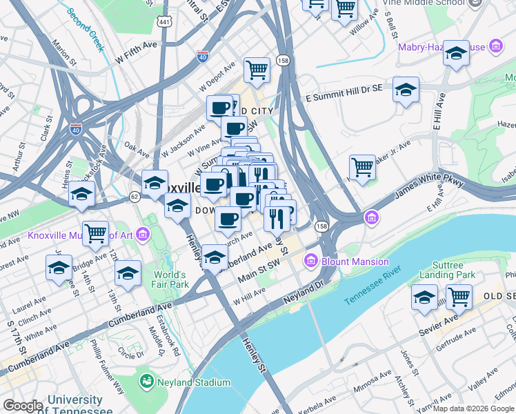 map of restaurants, bars, coffee shops, grocery stores, and more near 608 South Gay Street in Knoxville