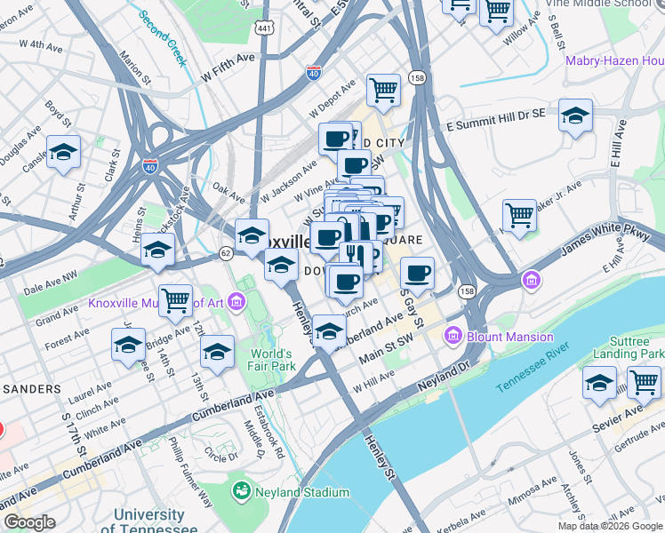 map of restaurants, bars, coffee shops, grocery stores, and more near in Knoxville