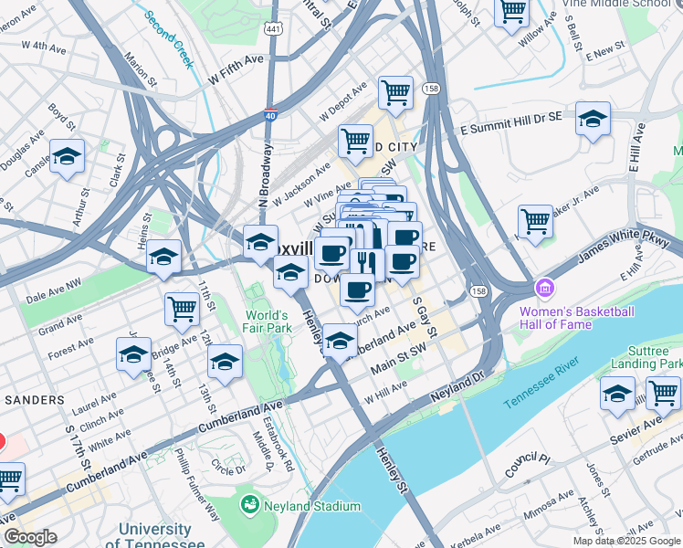 map of restaurants, bars, coffee shops, grocery stores, and more near in Knoxville