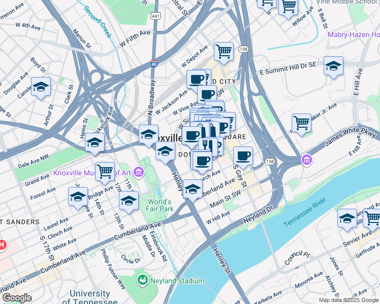 map of restaurants, bars, coffee shops, grocery stores, and more near in Knoxville