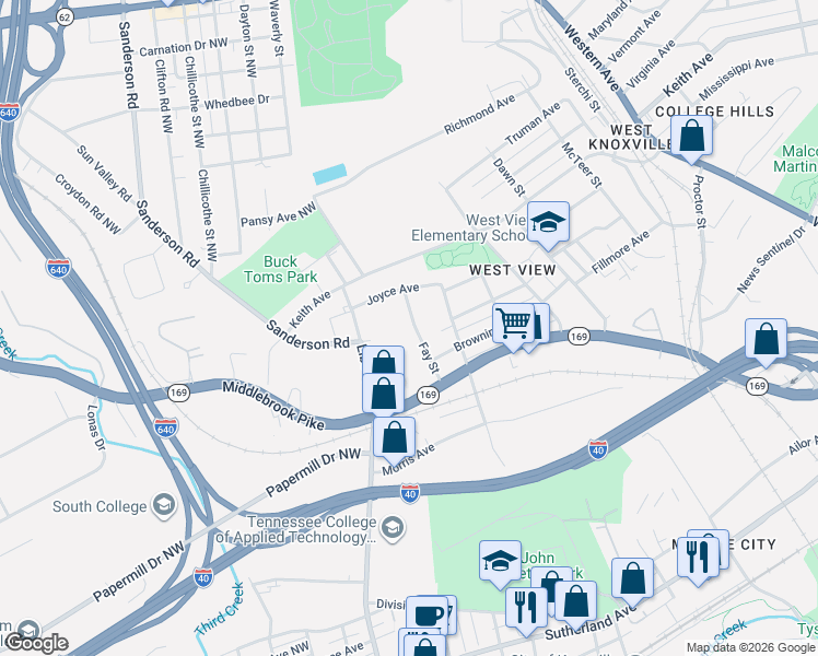 map of restaurants, bars, coffee shops, grocery stores, and more near 1711 Fay Street in Knoxville