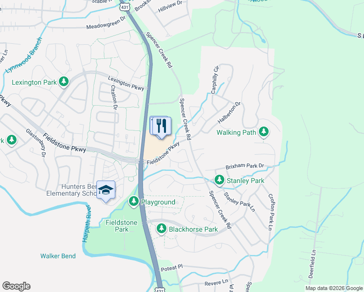 map of restaurants, bars, coffee shops, grocery stores, and more near 123 Alton Park Lane in Franklin