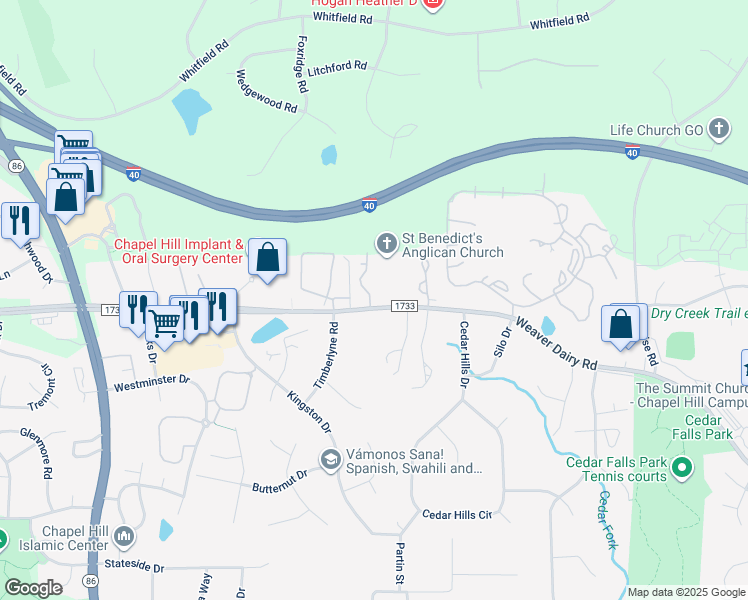map of restaurants, bars, coffee shops, grocery stores, and more near 100a Weatherstone Drive in Chapel Hill
