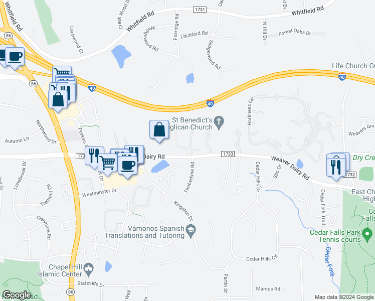 map of restaurants, bars, coffee shops, grocery stores, and more near 111 Kingsbury Drive in Chapel Hill