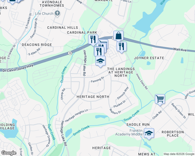map of restaurants, bars, coffee shops, grocery stores, and more near 300 Stearns Way in Wake Forest