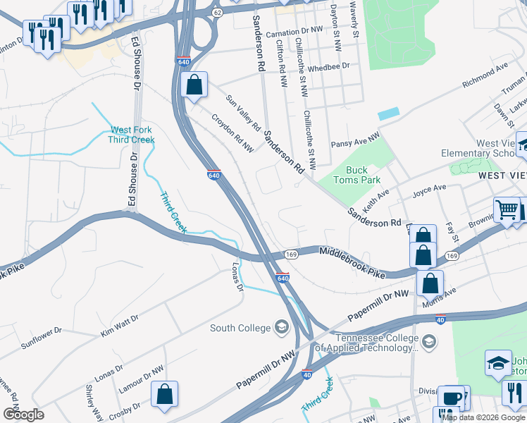 map of restaurants, bars, coffee shops, grocery stores, and more near 1954 Clove Lane in Knoxville
