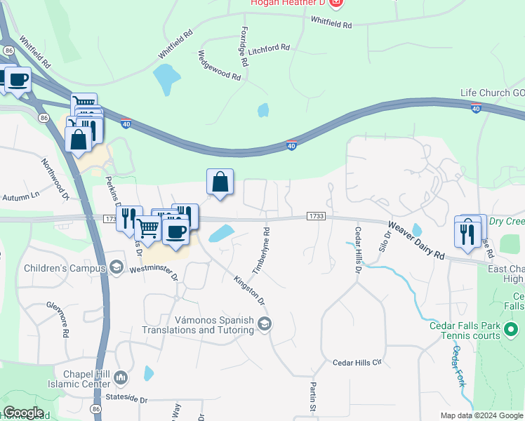 map of restaurants, bars, coffee shops, grocery stores, and more near 138 Kingsbury Drive in Chapel Hill