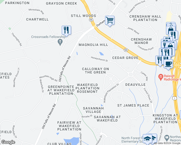 map of restaurants, bars, coffee shops, grocery stores, and more near 2610 Garden Hill Drive in Raleigh