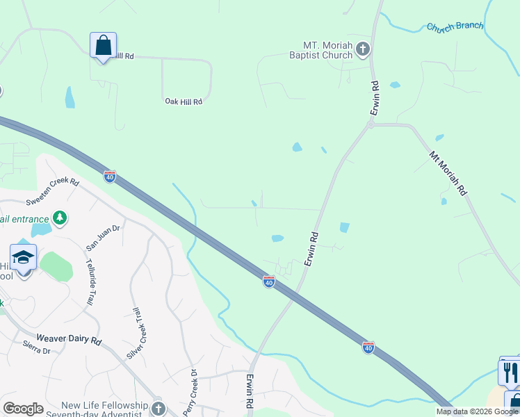 map of restaurants, bars, coffee shops, grocery stores, and more near 4721 Dry Creek Road in Durham
