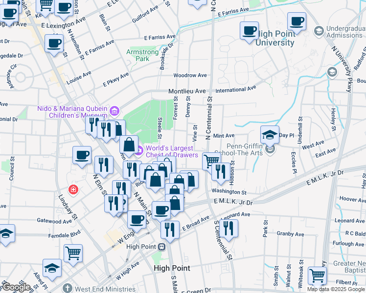 map of restaurants, bars, coffee shops, grocery stores, and more near 512 Hawthorne Avenue in High Point