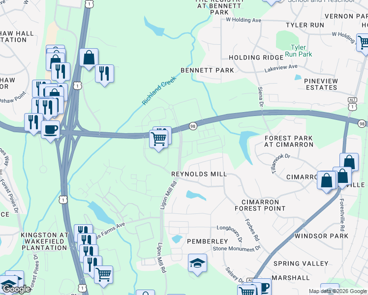 map of restaurants, bars, coffee shops, grocery stores, and more near Ligon Mill Road in Wake Forest