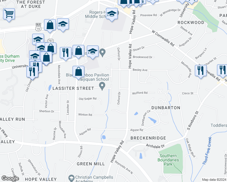 map of restaurants, bars, coffee shops, grocery stores, and more near 3203 Stanford Drive in Durham