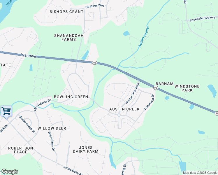 map of restaurants, bars, coffee shops, grocery stores, and more near 1744 Longmont Drive in Wake Forest