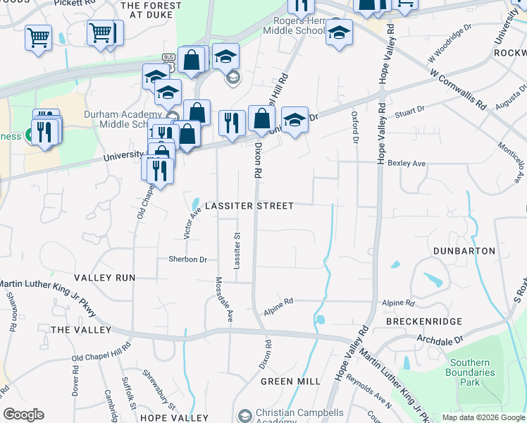 map of restaurants, bars, coffee shops, grocery stores, and more near 2736 Old Sugar Road in Durham