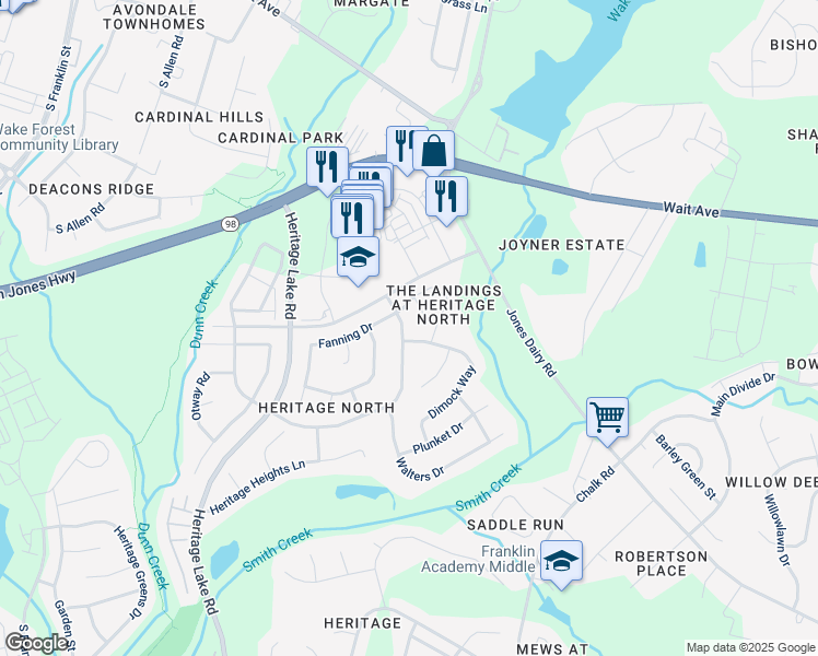 map of restaurants, bars, coffee shops, grocery stores, and more near 1404 Heritage Hills Way in Wake Forest