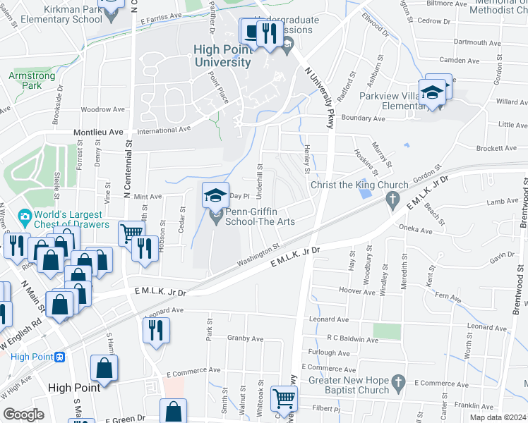 map of restaurants, bars, coffee shops, grocery stores, and more near 1312 West Avenue in High Point