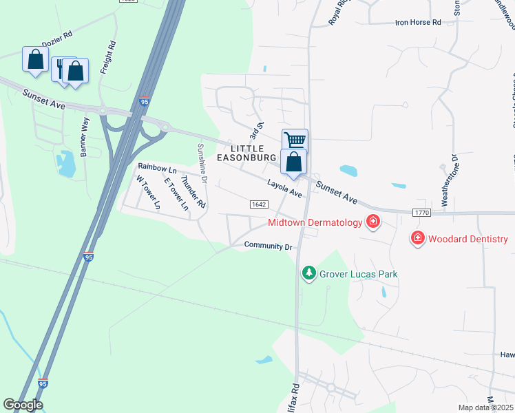 map of restaurants, bars, coffee shops, grocery stores, and more near Carroll Avenue in Rocky Mount
