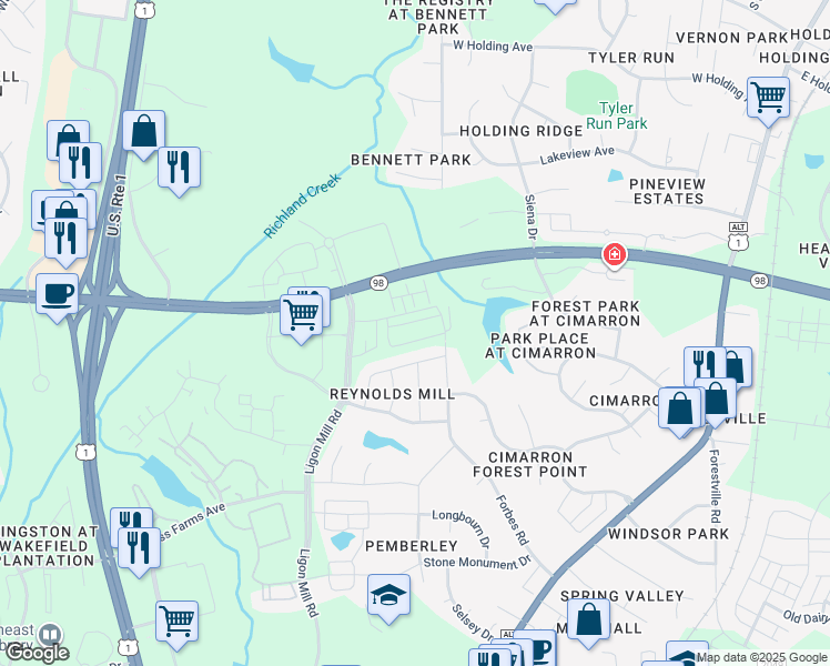 map of restaurants, bars, coffee shops, grocery stores, and more near 1512 Penstock Lane in Wake Forest