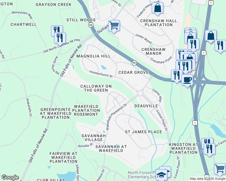 map of restaurants, bars, coffee shops, grocery stores, and more near 12305 Mossgreen Street in Raleigh