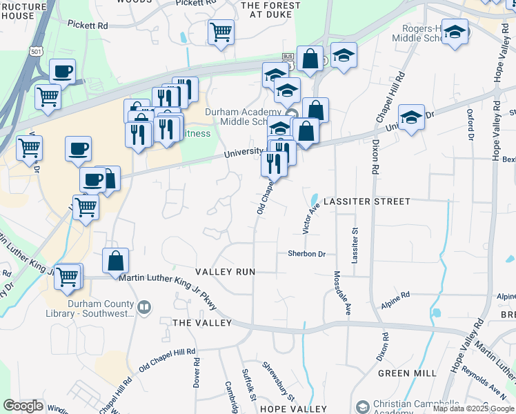 map of restaurants, bars, coffee shops, grocery stores, and more near 3312 Chapel Hill Road in Durham