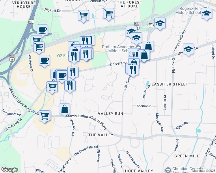map of restaurants, bars, coffee shops, grocery stores, and more near 3318 Bonaparte Way in Durham