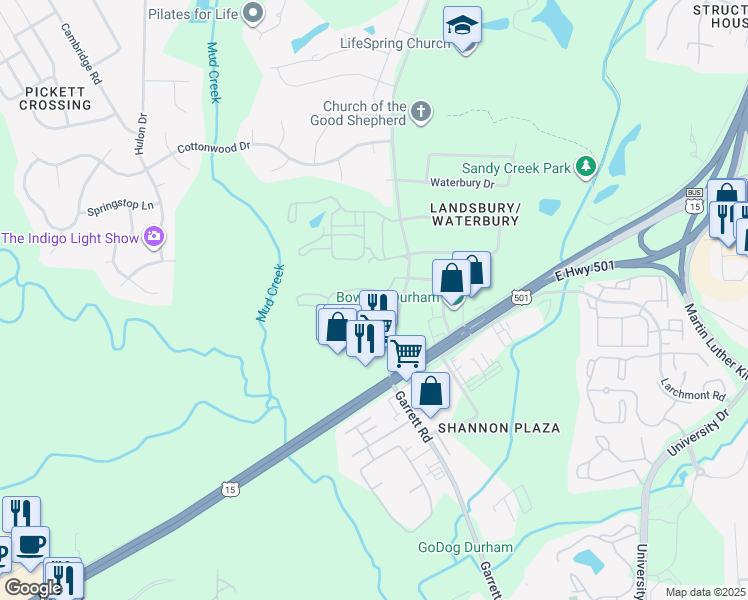 map of restaurants, bars, coffee shops, grocery stores, and more near 4130 Garrett Road in Durham