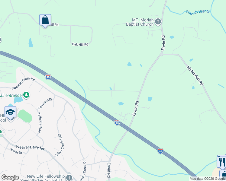 map of restaurants, bars, coffee shops, grocery stores, and more near 4721 Dry Creek Road in Durham