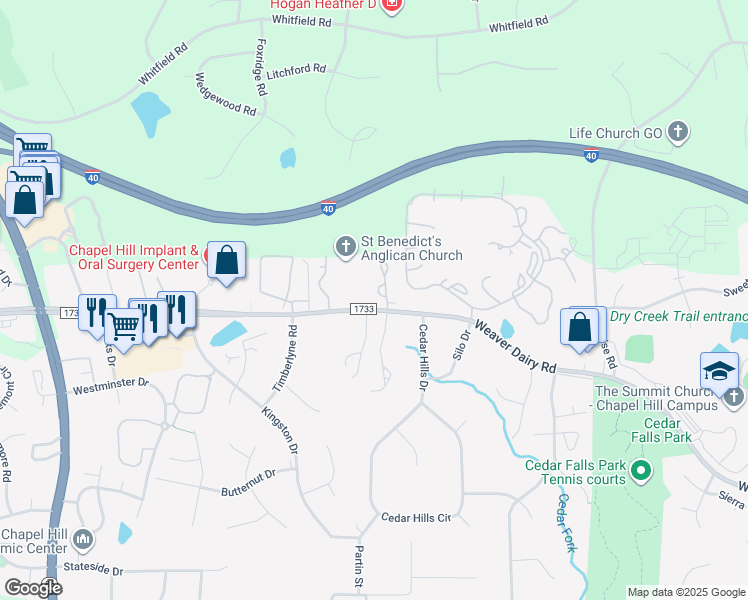 map of restaurants, bars, coffee shops, grocery stores, and more near Weaver Dairy Road in Chapel Hill