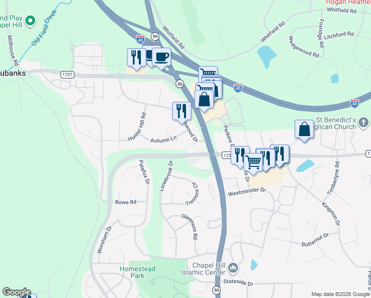 map of restaurants, bars, coffee shops, grocery stores, and more near 101 Ivy Court in Chapel Hill