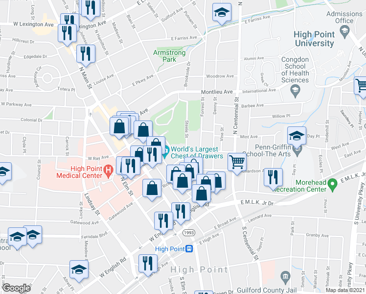 map of restaurants, bars, coffee shops, grocery stores, and more near 500 Oakland Place in High Point