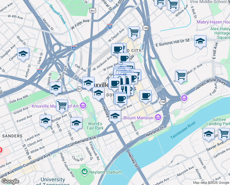 map of restaurants, bars, coffee shops, grocery stores, and more near in Knoxville
