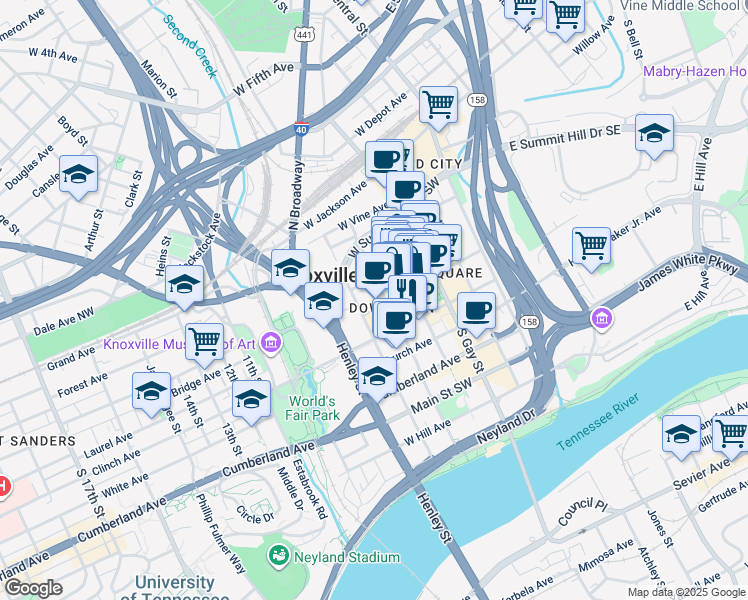 map of restaurants, bars, coffee shops, grocery stores, and more near in Knoxville