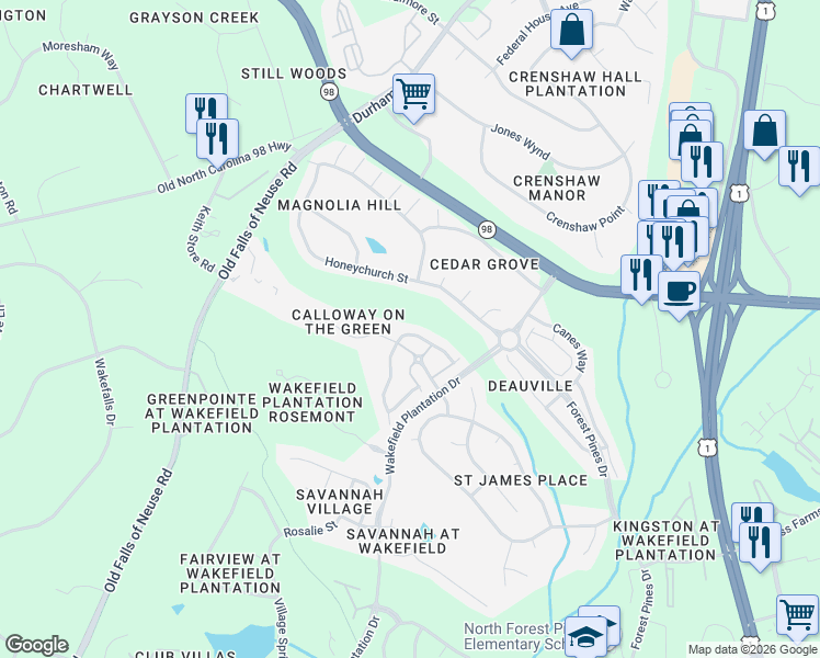 map of restaurants, bars, coffee shops, grocery stores, and more near 12305 Mossgreen Street in Raleigh