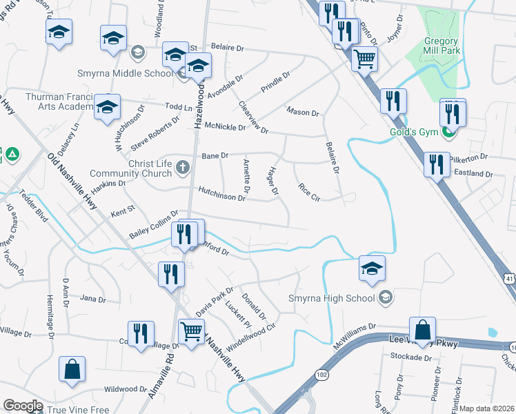 map of restaurants, bars, coffee shops, grocery stores, and more near 123 Bailey Collins Drive in Smyrna