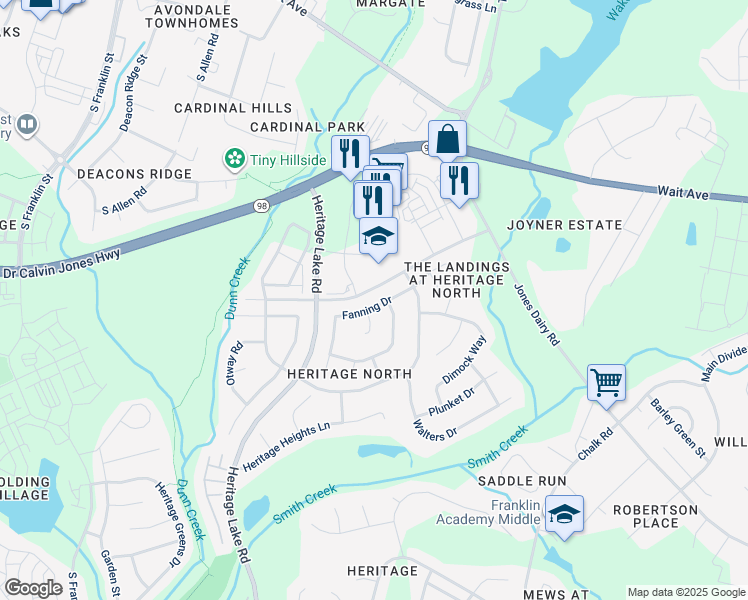 map of restaurants, bars, coffee shops, grocery stores, and more near 1225 Fanning Drive in Wake Forest