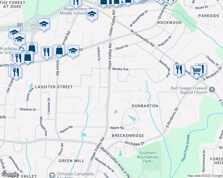 map of restaurants, bars, coffee shops, grocery stores, and more near 3123 Hope Valley Road in Durham