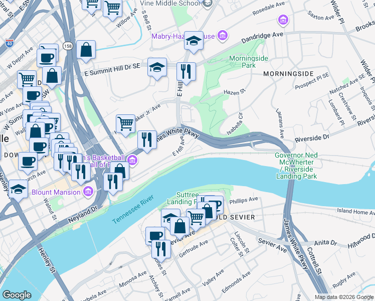 map of restaurants, bars, coffee shops, grocery stores, and more near 710 East Hill Avenue in Knoxville