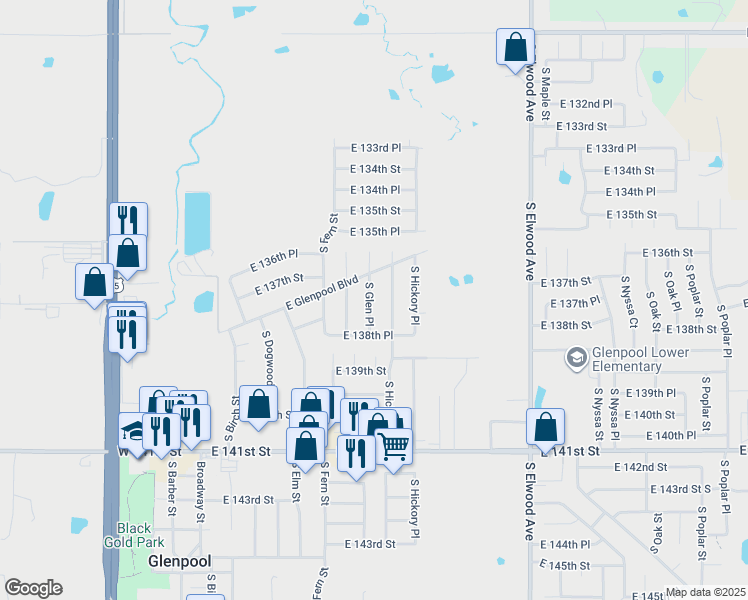 map of restaurants, bars, coffee shops, grocery stores, and more near 13737 South Glen Place in Glenpool