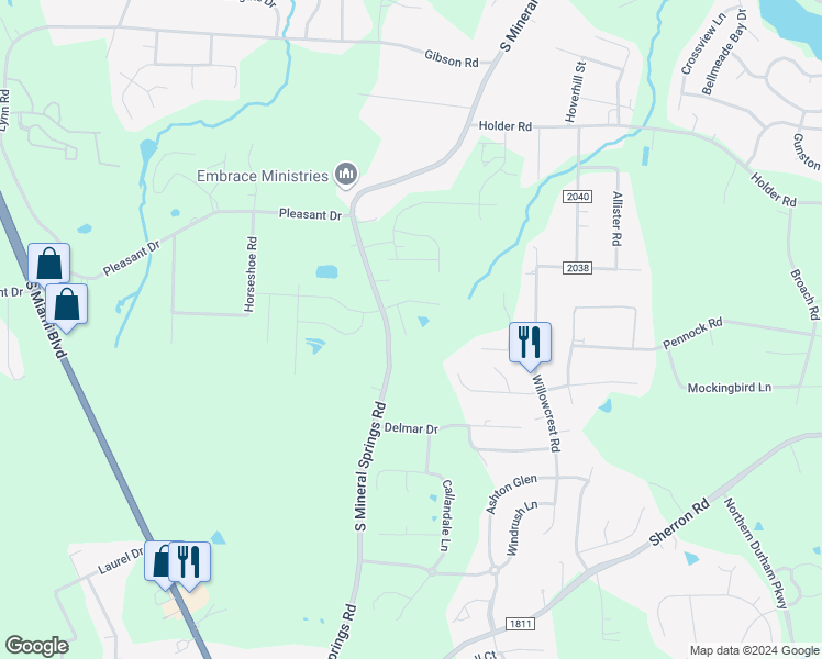 map of restaurants, bars, coffee shops, grocery stores, and more near 3015 September Drive in Durham
