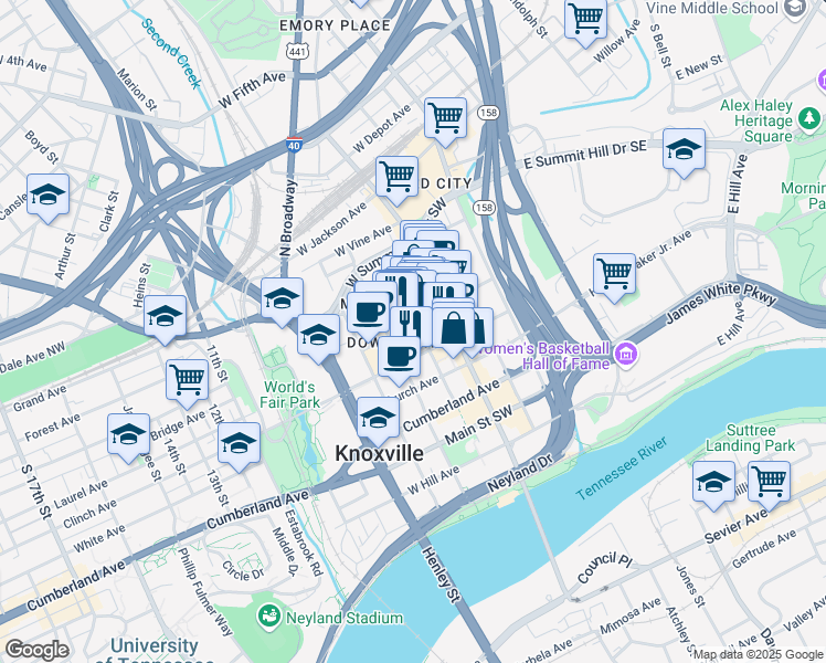 map of restaurants, bars, coffee shops, grocery stores, and more near 505 Market Street in Knoxville