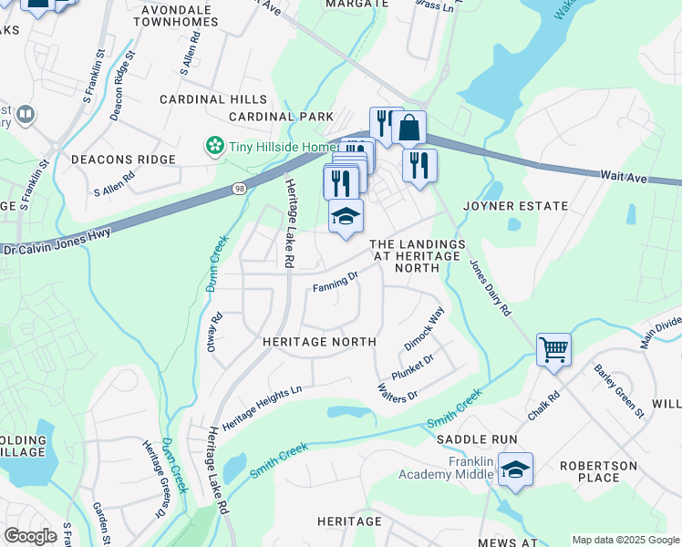 map of restaurants, bars, coffee shops, grocery stores, and more near 1225 Fanning Drive in Wake Forest