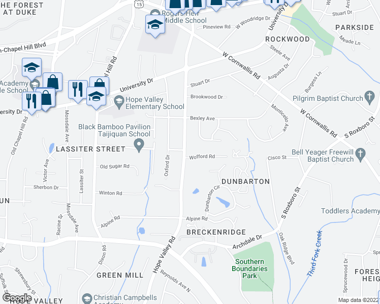 map of restaurants, bars, coffee shops, grocery stores, and more near 607 Wofford Road in Durham